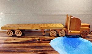 Vintage Handmade Wood CRIBBAGE BOARD Flatbed SEMI TRUCK w Working Wheels Big Rig - Picture 1 of 21
