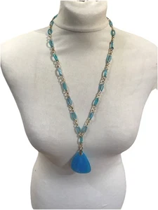 BLUE DYED DRAGON VEIN AGATE NECKLACE, PENDANT, Gold & Blue Chain - Picture 1 of 4