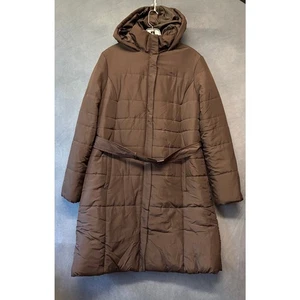 Merona Womens Puffer Coat Brown XL Hooded Long Belted Quilted Jacket Warm Winter - Picture 1 of 13