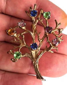 Vintage Sterling Tree of Life Gold Vermeil Pin Brooch Rhinestones Multi-Color - Picture 1 of 7