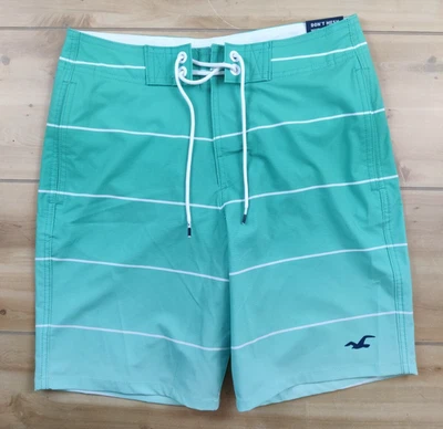 Hollister Mens Sz 28 Epic Flex Striped Board Shorts Teal Green White Swim Trunks - Image 1 of 4
