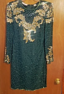 Laurence Kazar New York 100% Silk Sequined & Beaded Women's L Green Fowmal Dress - Picture 1 of 17