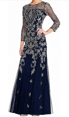 Adrianna Papell Womens Beaded Illusion Godet Gown 3/4 Sleeve Midnight Size 0 NEW - Image 1 of 4