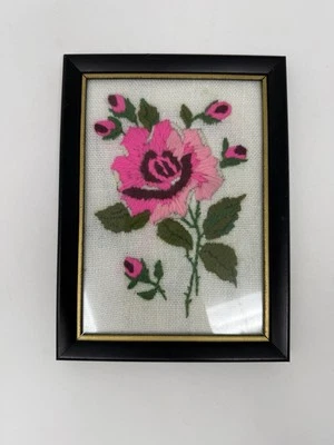Vintage 1970's Framed Rose Embroidery Wall Hanging Art - Image 1 of 4