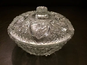 Vintage Clear Pressed Glass Hearts and Roses Indonesia Covered Candy Dish - Picture 1 of 7