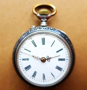 Zyl. DAMEN TASCHENUHR, Silber-0,800, sehr schönes NIELLO, gute Funktion-ca. 1900 - Bild 1 von 5