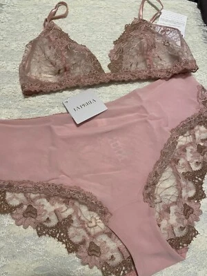 La Perla Liaison Collection 38B XL Triangle Bra Brief Set Pink Tulle Silk - Image 1 of 3