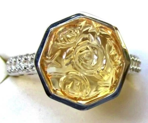 Rose Carved Citrine & Zircon Ring / size 7 / 925 Sterling Silver / 7.3cts 5.3g - Picture 1 of 5