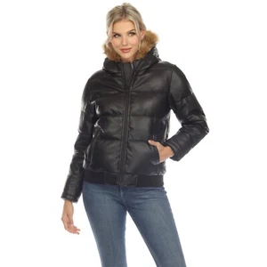 Chaqueta de cuero bombardero con capucha extraíble de piel para mujer - Imagen 1 de 5