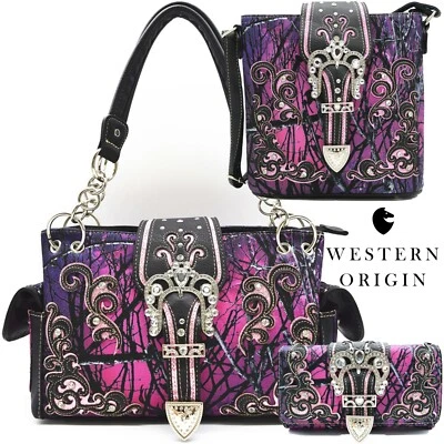 Cartera estilo occidental con hebilla de camuflaje para mujer Bolso de hombro Bandolera Cartera Púrpura Foto 1 de 4