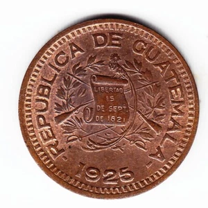 GUATEMALA 1 c 1925 KM237 Cu 1yr type TOP GRADE w/LUSTER minted 357,000 VERY RARE - Picture 1 of 2