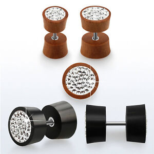 Pair CZ Crystal Rim Flared Illusion Earrings Faux Gauges Wood Plugs Jewels Set