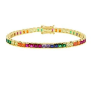 Vintage Princess 6CT Multi Color Gemstone 7 5"Bracelet 14k Yellow Gold FN Silver - Picture 1 of 4
