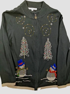 Suéter feminino vintage Mercer Street Studio tamanho grande preto bonecos de neve lantejoulas LS - Imagem 1 de 4