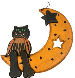 Vintage Holz Halloween schwarze Katze sitzend auf Mond mit Sternen Wand/Tür Deko - Bild 1 von 7