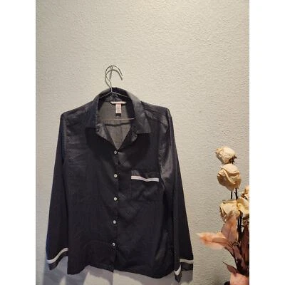 Victoria’s Secret 缎面黑色圆点睡衣上衣 M 码中号纽扣 — 第 1/3 张图片