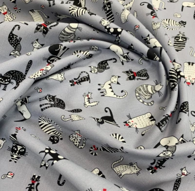 Cotton Fabric - Cute Cats Crazy Cat Print on Grey - Craft Fabric Material Metre - Image 1 of 4