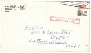 1984 Received without Contents at Houston Texas Cover to Orange California - Picture 1 of 2