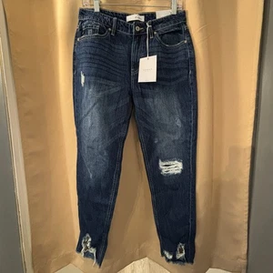 KanCan Relaxed Fit Distressed Jeans Gr. 7 / 27 Dark Wash High Rise Raw Hem - Bild 1 von 4
