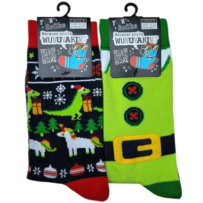 Lote de 2 pares de calcetines divertidos de Navidad OSFM unisex traje de elfo dinosaurio T-Rex unicornio Foto 1 de 4