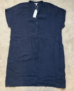 Vestido Eileen Fisher XL fruncido lino orgánico tinta azul negro K/L cuadros Lagenlook - Imagen 1 de 10