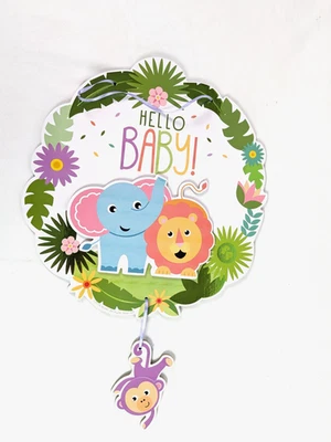 Letrero colgante Fisher Price Hello Baby 17" Baby Shower animales de la selva Foto 1 de 3