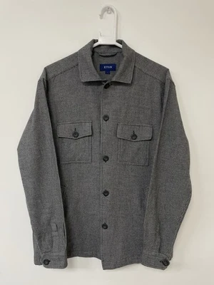 Chaqueta Camisa Eton Espiga Botón Sobre Hombre Negra-Gris Grande Lana CACHEMIRA Foto 1 de 4