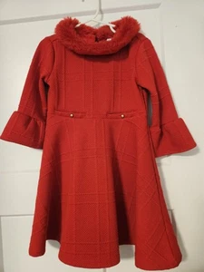 Size 5 Janie & Jack Red Dress with Faux Fur Collar and Flared Sleeves - Picture 1 of 2