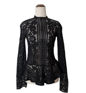 Lover Black Lace Cotton Blouse Womens AU6 US2 Long Sleeve Designer Top - Picture 1 of 7