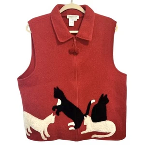 Coldwater Creek Crazy Cat Lady Sweater Vest Womens Size XL Red Wool Zip 2245 - Picture 1 of 11