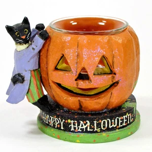 Pam Schifferl KÜRBIS & KATZE 4" Windlichthalter Happy Halloween Mittlerer Westen Kanone Herbst - Bild 1 von 12