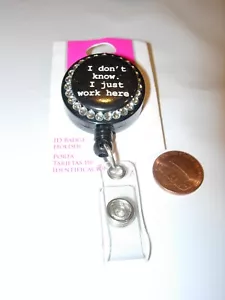 BLACK RHINESTONE NEW Retractable Reel ID Badge Holder Slide Belt Clip WORK HUMOR - Picture 1 of 2