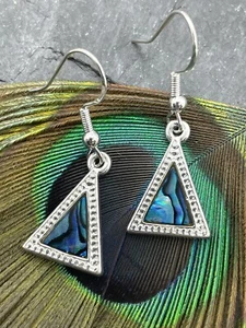 Abalone Triangular Drop Earrings Turquoise/Blues Shell 925 Silver Hooks Handmade - Picture 1 of 13
