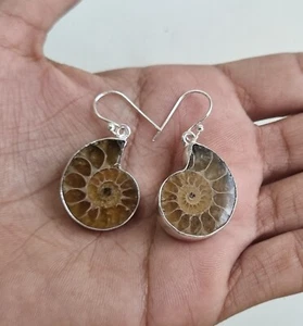 Brown ammonite shell Gemstone 925 Sterling Silver Statement Gift Earrings PG1085 - Picture 1 of 8