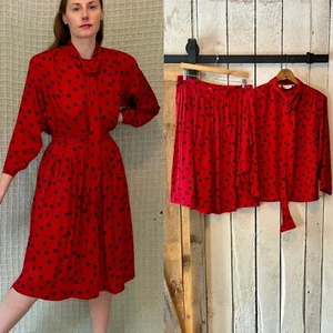 Vintage 80s Red Black Polka Dot Pussy Bow Silk Skirt Set by Christian Dior L - Picture 1 of 14