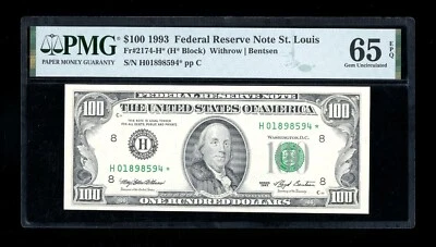 DBR 1993 $100 FRN St. Louis STAR Gem Fr. 2174-H* PMG 65 EPQ Serial H01898594* - Image 1 of 2