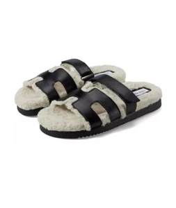 Steve Madden MAYVEN Black Leather Ivory Sherpa Faux Fur Slides Sandals Sz 8 - Picture 1 of 4