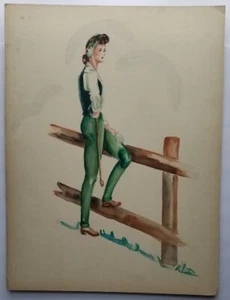 Lady in Green Riding Gear Watercolor Drawing 1930's - 40's - Picture 1 of 2