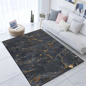 Marble Rug, Black Gold Rug, Luxury Carpet, Modern Floor Art, Elegant Decor Rug - Picture 1 of 11