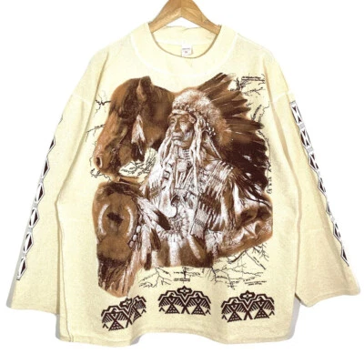 Seltenes Sweatshirt Crewneck Native American Grafik Vintage 90’s (Baumwolle Piqué) - Bild 1 von 4