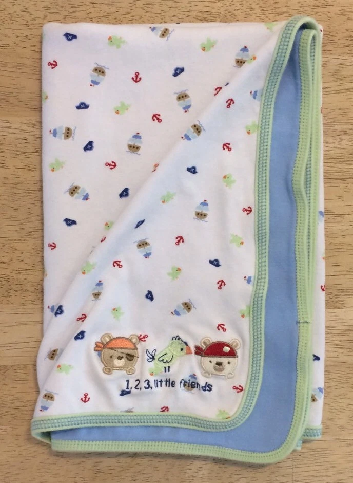 Carters Just One Year 白色蓝色婴儿毯 123 小朋友小狗海盗 — 第 1/4 张图片
