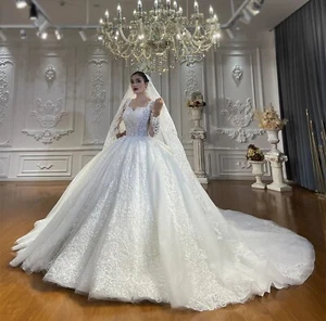 Glitzertüll Brautkleid Ballkleid Maßanfertigung 32-60 extra lange Schleppe Ärmel - Bild 1 von 7