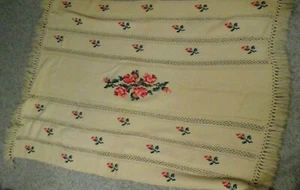 Vintage Crocheted Afghan W/ Embroidery Rose Fringe Flower Blanket Cottage Core - Picture 1 of 3