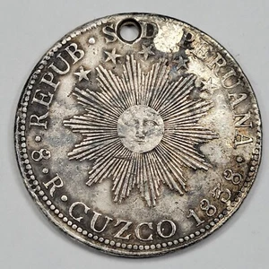 1838 Peru Silver 8 Reales Cuzco Great Detail Holed Silver South Peru *J35 - Picture 1 of 4