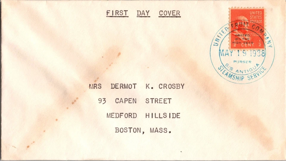 1938 USA SS Antigua United Fruit Company UFC First Day Cover To MA Boston FDC - Image 1 of 2