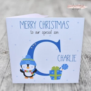 Personalised Boys Christmas Card Son Grandson Nephew Godson Boy Brother Penguin - Picture 1 of 9