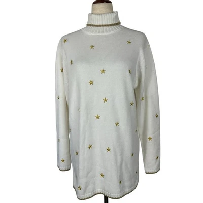 VTG Quacker Factory Sweater Medium Oversized White Turtleneck Gold Stars Holiday - Image 1 of 4