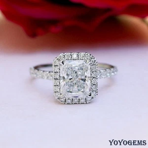 2.30 Carat Radiant Cut VVS1 Moissanite Halo Engagement Ring Solid 14K White Gold - Picture 1 of 12