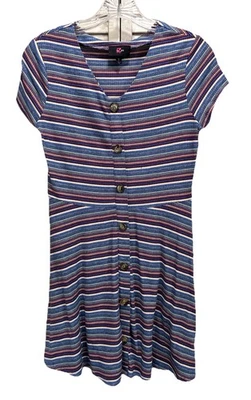 IZ Byer Girl Blue/Multi Striped Dress Junior XL Short Sleeve V Neck Faux Buttons - Image 1 of 4
