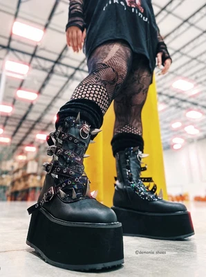 Black Wedge Platform Mid Calf Buckle Goth Spikes Devil Combat Boots Demonia - Image 1 of 4